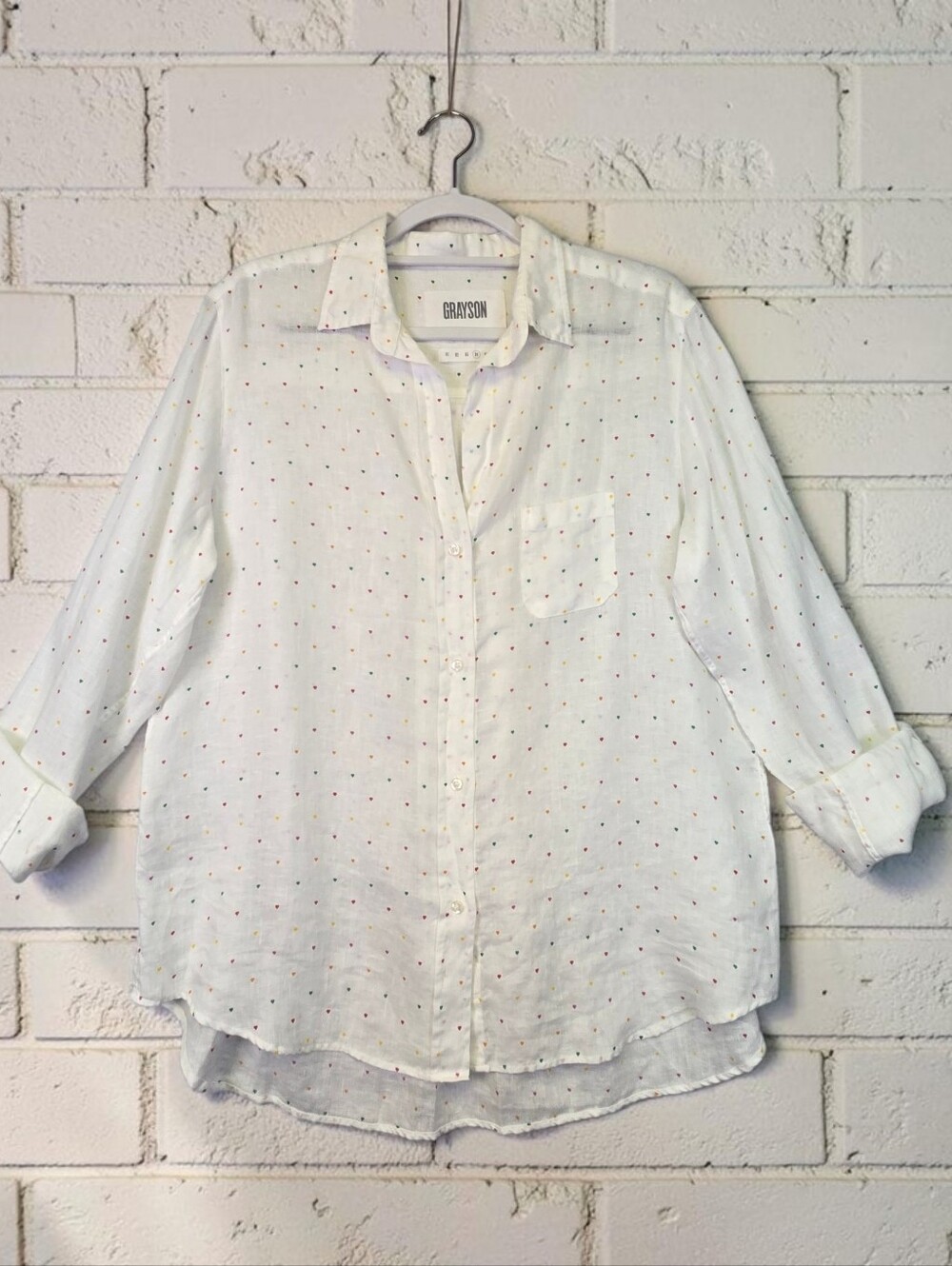 Grayson The Hero Blouse 100% Linen White Colorful Heart Print Womens Large